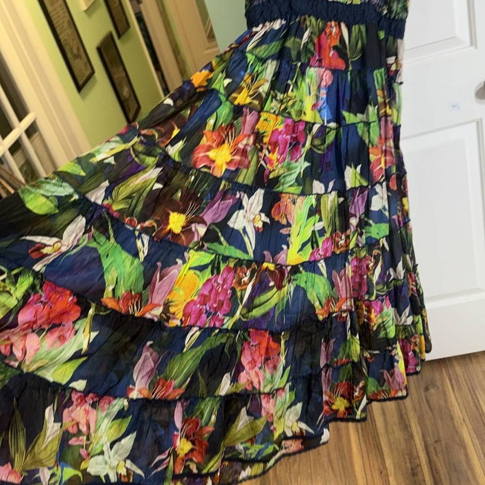 Guess Floral Print Kinsley Tiered Cotton Silk Boho Cottagecore Maxi Dress Size L - Picture 9 of 12